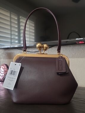 Coach Black Currant Leather Kiss-Lock Top-Handle Clutch